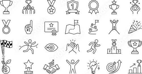 Success, Growth & Celebration Icon Set. Awards, Medals, Cups, Certificate, Winner, Triumph, Target, Goals, Champion, Number One, Stars Outline Icons