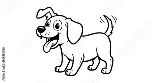 Black and white illustration of a cheerful puppy happily wagging its tail on a clear background