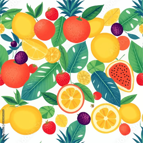 A vibrant and colorful illustration showcasing an assortment of fresh fruits and lush green leaves, creating a delightful and appealing pattern.