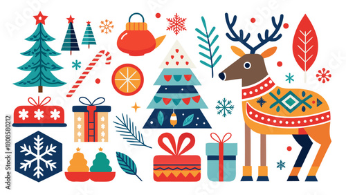 Nordic Christmas Vector Motifs Elements Pack Isolated on White Background – Scandinavian Holiday Folk Art Symbols and Winter Decorative Design Set