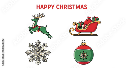 Happy Christmas with reindeer, sleigh, snowflake and bauble