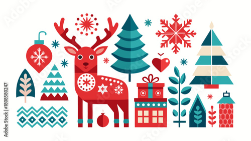 Nordic Christmas Vector Motifs Elements Pack Isolated on White Background – Scandinavian Holiday Folk Art Symbols and Winter Decorative Design Set