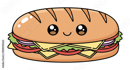 Delightful kawaii sub sandwich, a cheerful, smiling food character vector
