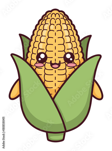 Adorable kawaii corn on the cob with a sweet smiling face vector