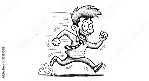 Cartoon man running very fast with comical expression showcasing energetic movement and speed