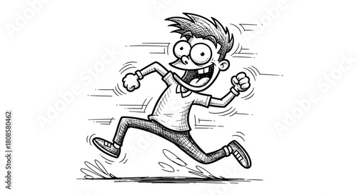Cartoon Sketch of a Man Running at Full Speed with Exaggerated Features and Motion Lines