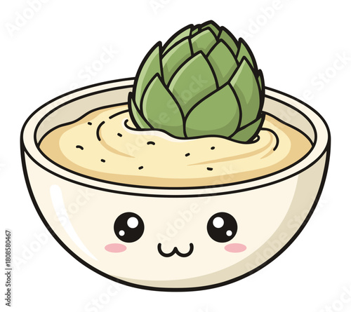 Charming kawaii artichoke dip bowl illustration with cute face design vector