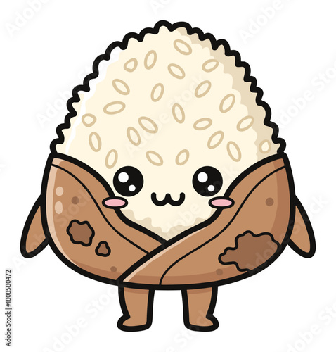 Cheerful onigiri character, adorable japanese rice ball vector illustration