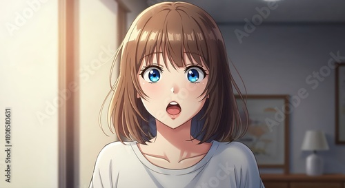 Anime Girl's Astonishment: An expressive anime girl, with wide, surprised eyes and a slightly open mouth, stands in a warmly lit room. Capture the moment of surprise.