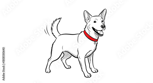 Friendly dog illustration with a wagging tail and vibrant red collar showing happiness