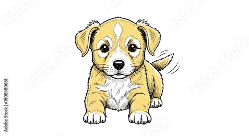 Adorable puppy illustration with soft yellow hues against a white background drawing
