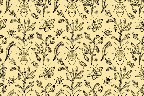 Repeating Pattern of Beetles and Branches Black Line Art on Cream Background Keywords: insect, beetle, butterfly, dragonfly, ant, bee, leaf