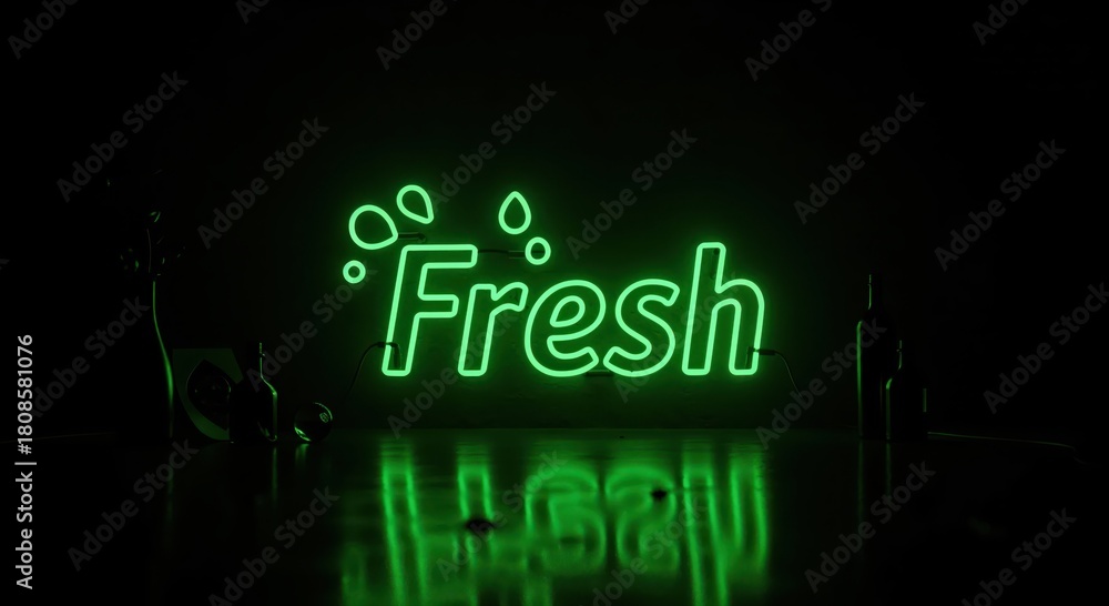 Obraz premium Neon Fresh Sign: Illuminated by neon lights, the word Fresh glows vibrantly, surrounded by stylized water droplets, conveying a sense of vitality and renewal.