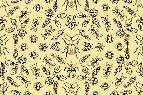 Vintage Insect and Leaf Pattern Black Line Art on Cream Background Keywords: insect, beetle, butterfly, dragonfly, ant, bee, leaf, branch, floral