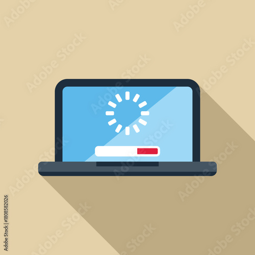 Laptop displaying software update progress and buffering symbol, representing installation or download process