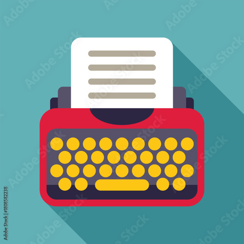 Red typewriter printing a document with blank lines on a turquoise background, concept of writing and creativity