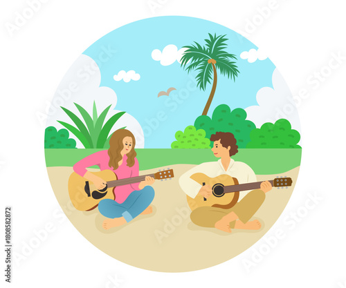 A man and woman playing guitar on a southern island.