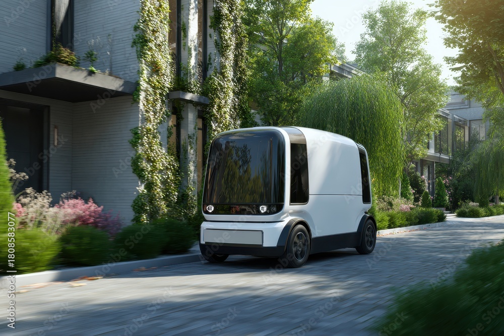 Obraz premium Self driving delivery vehicle navigates a quiet suburban street surrounded by greenery and modern homes during a clear day