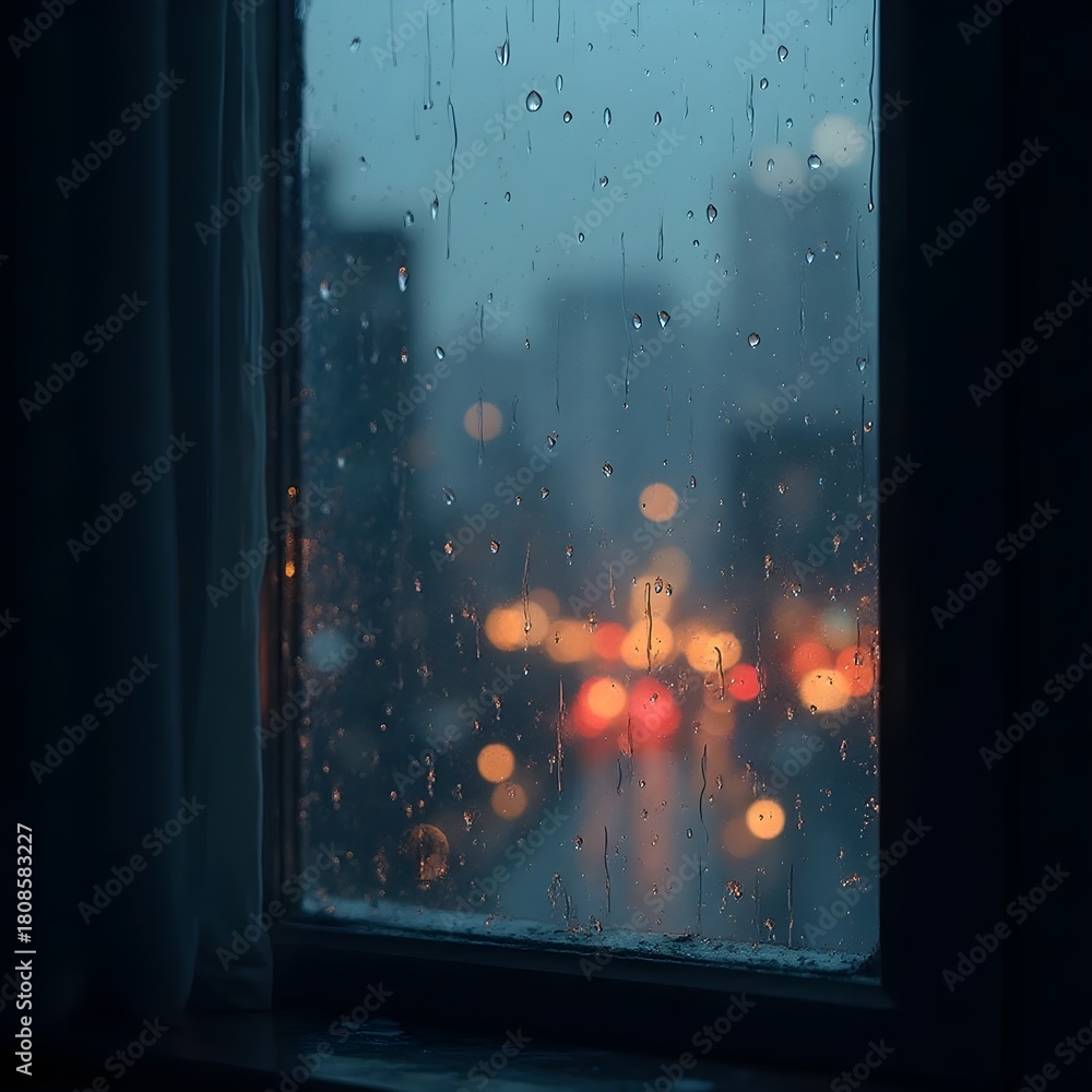Obraz premium Rainy window view of city lights at night with blurred cityscape and water droplets on the glass pane