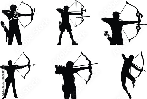 Collection of silhouetted archers drawing bows preparing to shoot arrows demonstrating dynamic poses for sport and recreation vector.archery silhouette set, Black & White silhouette set.