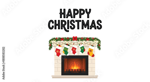 Cozy Christmas fireplace with stockings and garland