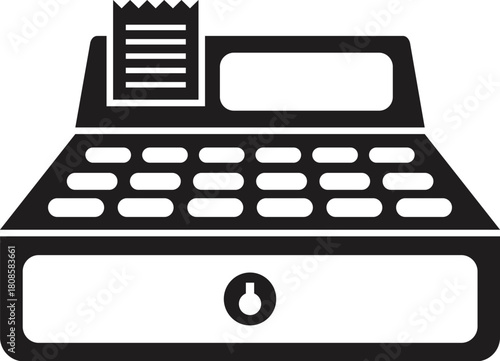 Black and white icon of a cash register printing a receipt, representing retail sales and transactions