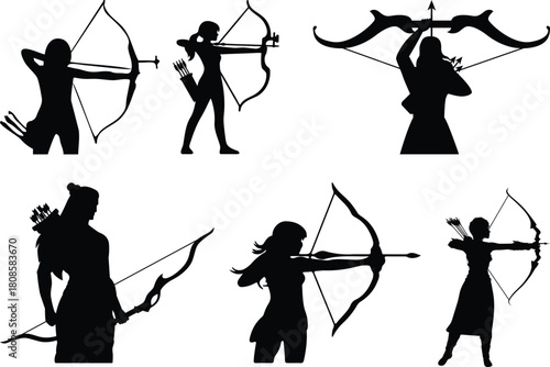 Collection of silhouetted archers drawing bows preparing to shoot arrows demonstrating dynamic poses for sport and recreation vector.archery silhouette set, Black & White silhouette set.