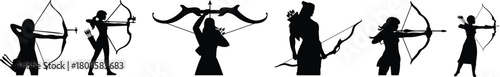 Collection of silhouetted archers drawing bows preparing to shoot arrows demonstrating dynamic poses for sport and recreation vector.archery silhouette set, Black & White silhouette set.
