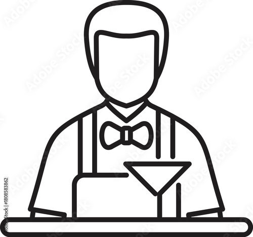 Line art icon of a bartender wearing a bow tie preparing a cocktail behind a bar counter