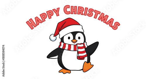 Cute penguin wearing a Santa hat and scarf with Happy Christmas text