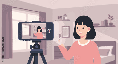 Young woman filming herself with a smartphone on a tripod in a well-lit room, creating content for social media