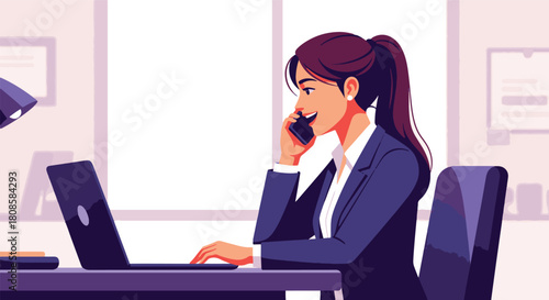 Professional businesswoman working at her office desk, multitasking by talking on the phone while using a laptop. Vector illustration of a corporate employee