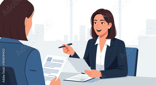 Professional job interview with two women discussing documents and resumes for career advancement