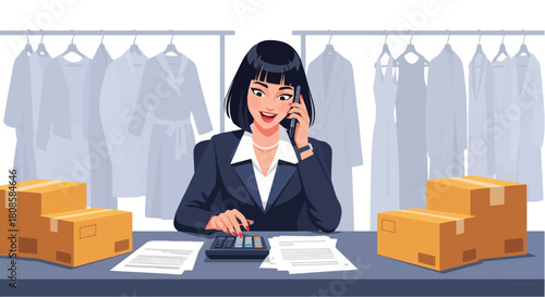 Focused entrepreneur managing an online fashion store, efficiently processing orders and providing customer service while handling finances and logistics from her business office