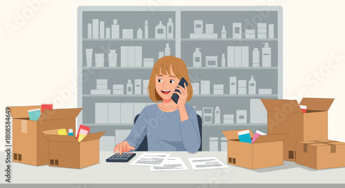 Smiling woman managing online business, handling customer calls, and preparing orders for shipping in a small e-commerce setup