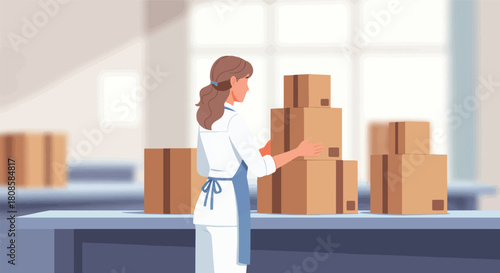 Woman Arranging Boxes in a Warehouse for Shipping and Logistics