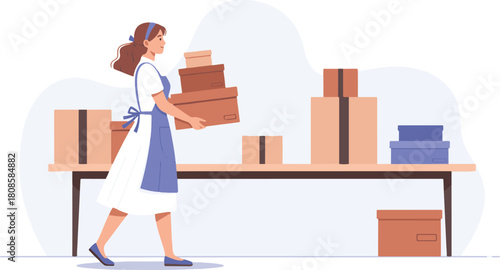Professional woman efficiently carrying and organizing stacked cardboard boxes on a table, symbolizing logistics, delivery services, and warehouse operations in a modern flat illustration