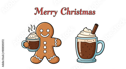 Merry Christmas with gingerbread man and hot chocolate