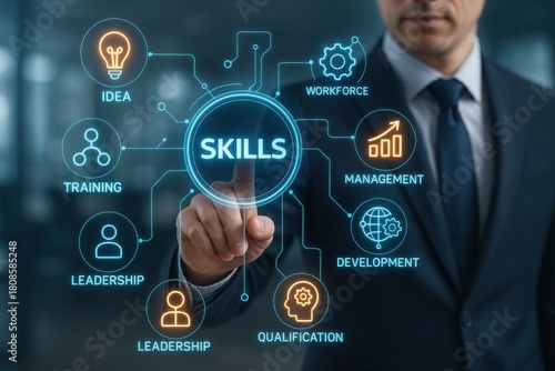 Business professional selecting skills in a digital interface, emphasizing workforce training, management, and leadership development for modern organizational growth.