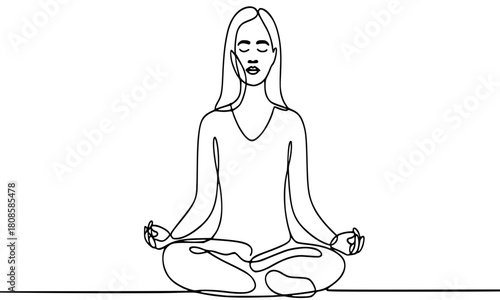 line drawing of a serene young woman meditating in lotus position (Padmasana), minimalist single line vector art, focused on relaxation