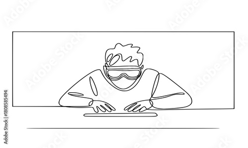 Line Drawing of Man Wearing Virtual Reality or Augmented Reality Goggles, Minimalist Black Outline of Person Interacting with Digital Device or Keyboard, Modern Technology Concept Vector Illustration
