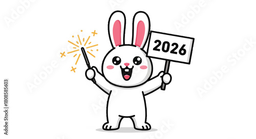 Cheerful cartoon rabbit celebrating the New Year with a 2026 sign and sparkling magic.