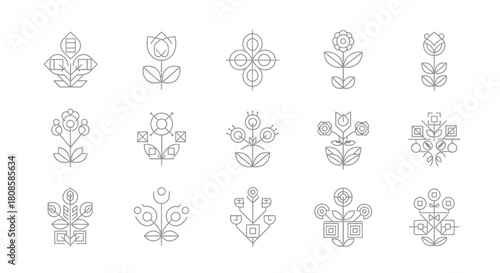 Collection of abstract geometric floral designs with minimalist line art style