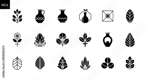 Elegant botanical and pottery icons arrangement in minimalist black and white design perfect for