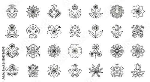 Collection of diverse floral pattern designs in black and white for creative projects