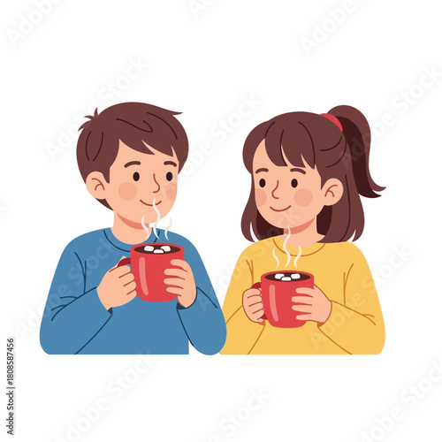 Illustration of children drinking hot chocolate with marshmallows on white background