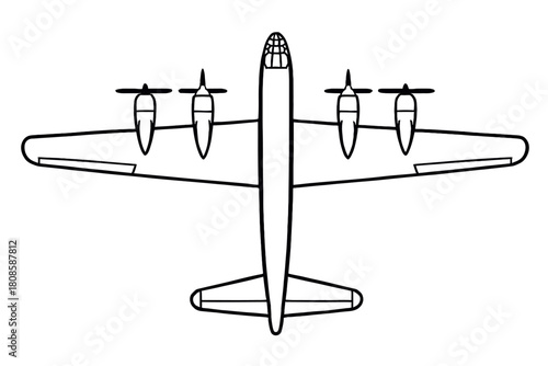 Precise top-down line art illustration of a classic four-engine propeller aircraft, highlighting its aerodynamic silhouette and powerful propulsion system. Ideal for aviation history