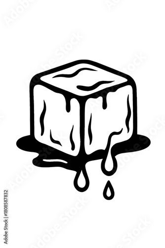 Melting ice cube black and white line art vector. Represents coolness, refreshment, heat, phase change. Ideal for summer drinks, beverage branding, educational content, web icons, print design.