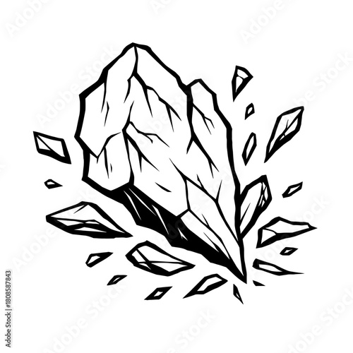 Dynamic Black and White Stylized Vector Illustration of a Large Crystal or Ice Shard Breaking Apart, Exploding with Sharp Fragments, Capturing Powerful Destruction, Impact, and Shattering Effects