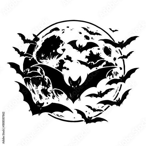 Haunting Halloween Night Silhouette: A Swarm of Flying Bats Against a Grungy Full Moon. Perfect Vector Art for Spooky Decorations, Creepy Party Invites, Autumn Festivities, and Nocturnal Themed Design